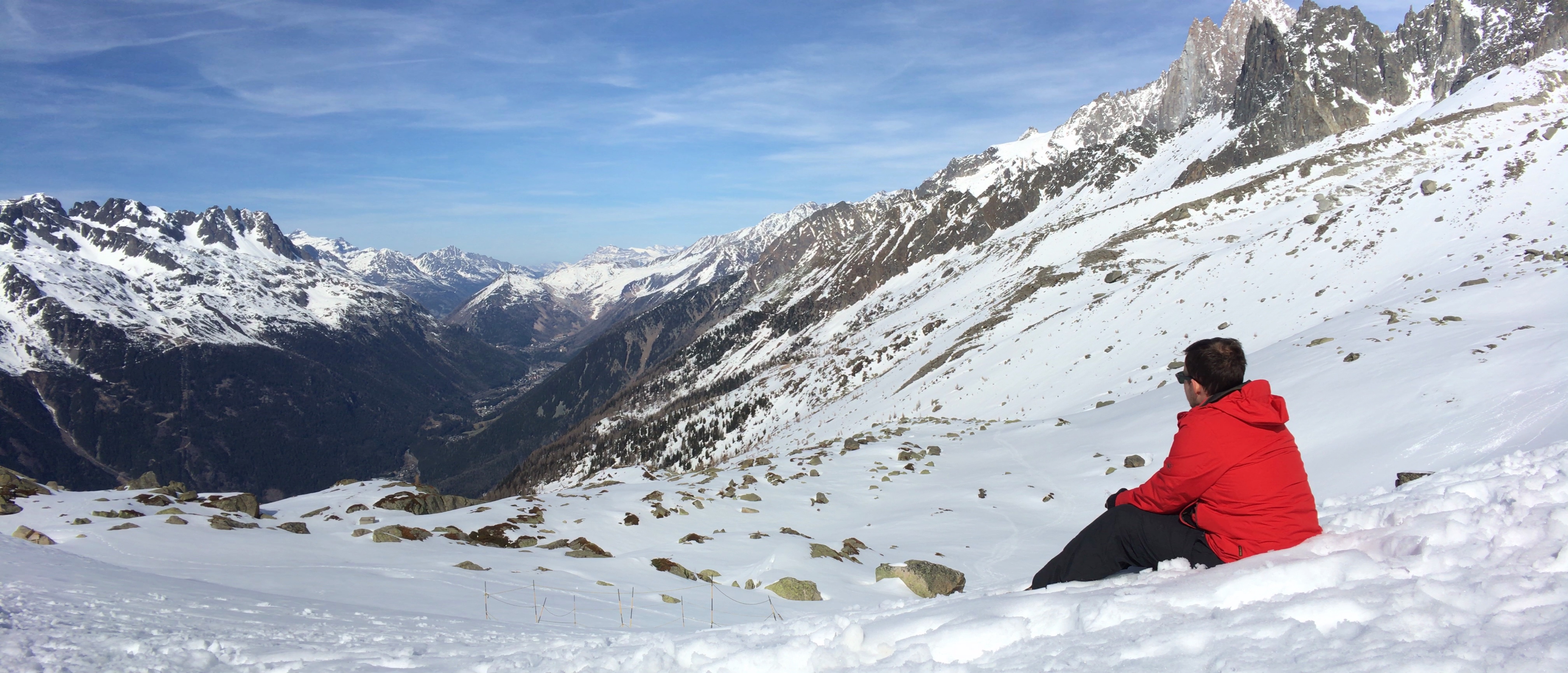 Looking back at Charmonix from the midway point to the Aiguille du Midi